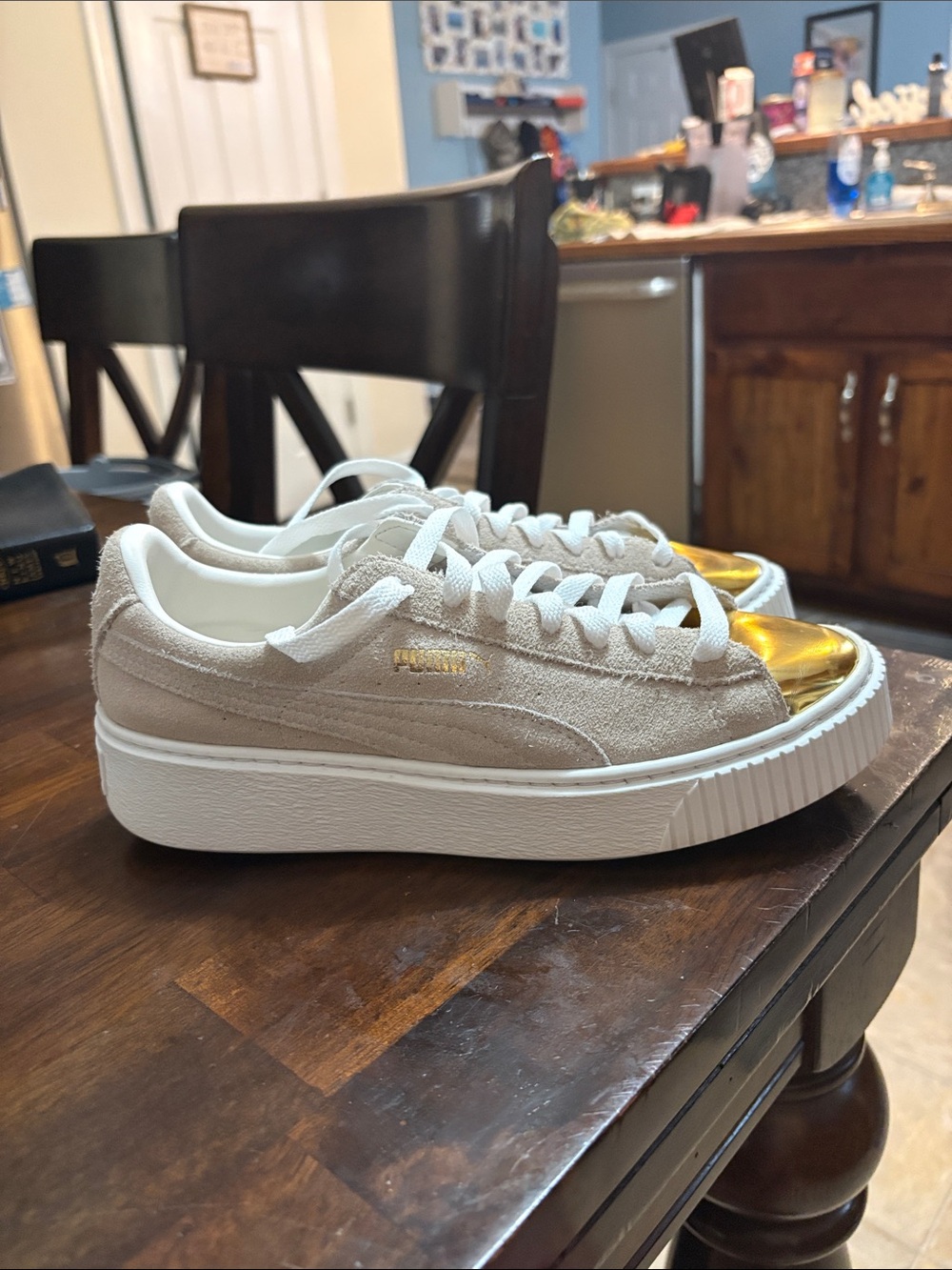 Puma Basket Platform Suede Sneakers with Gold Toe Cap
(Size W8)